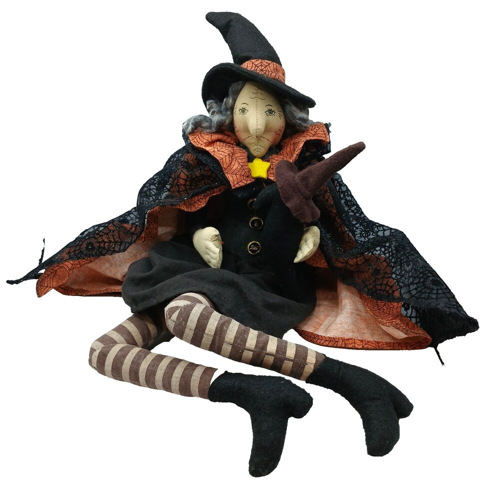 Vintage Halloween Witch Doll with Pet Bird Shelf Sitter Folk Art Style 18" READ